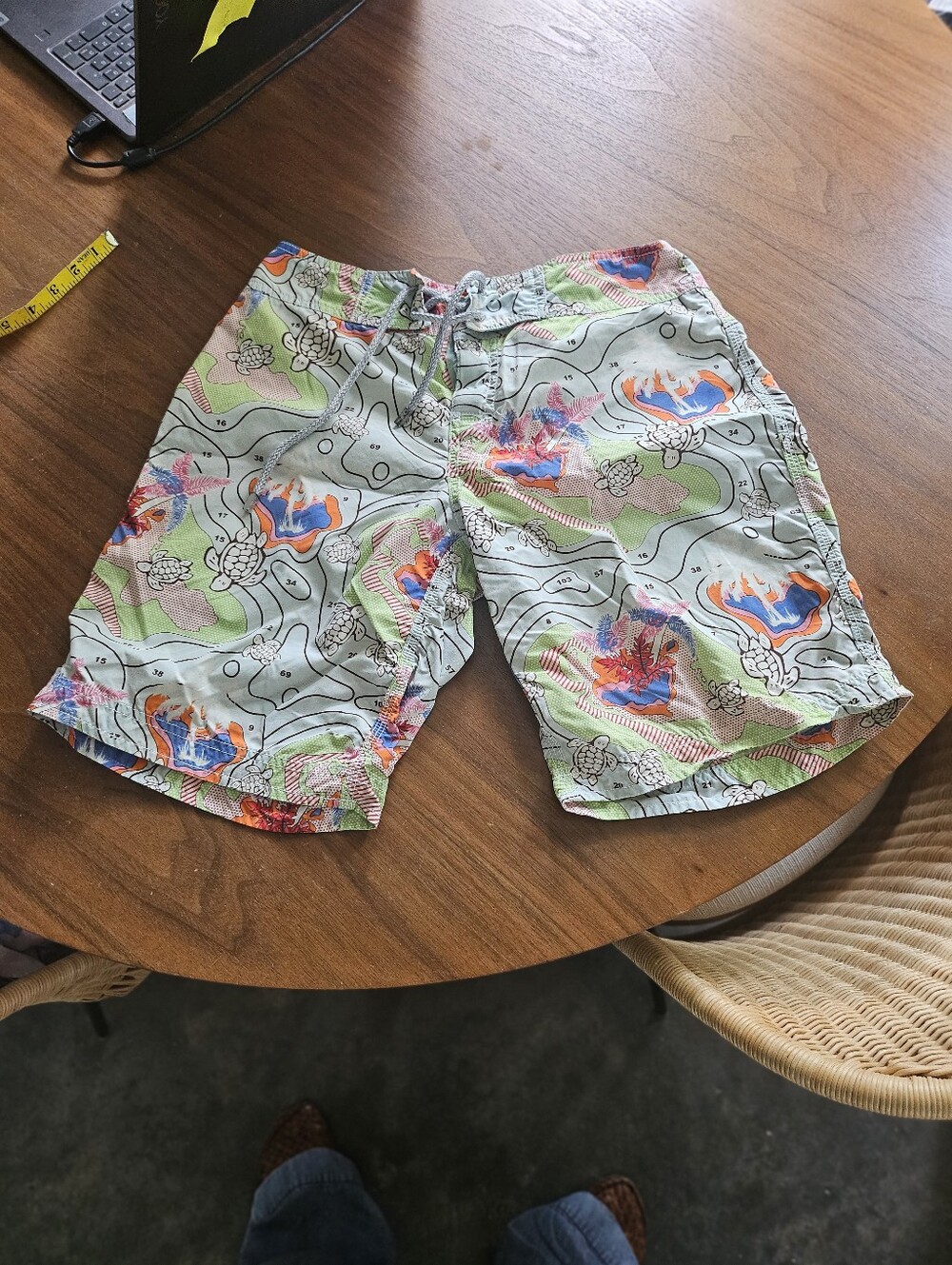 Vilebrequin Men's Swim Shorts Trunks Green, Light Blue, Pink Ocean Topography S